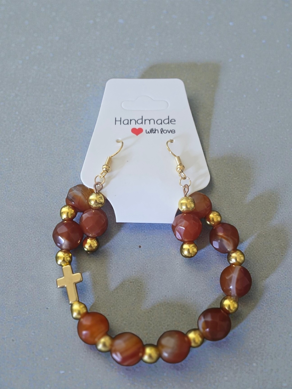 Handmade Agate Cross Bracelet & Earring Set Gold